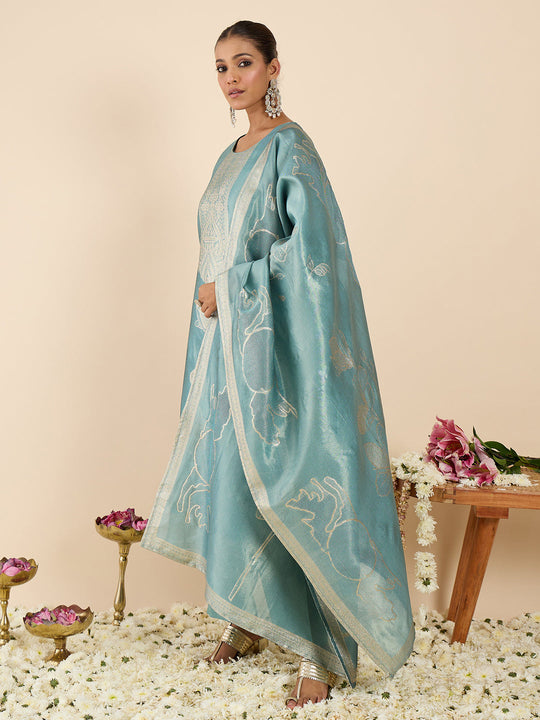 Indo Era Blue Woven Design Straight Kurta Trousers With Dupatta set