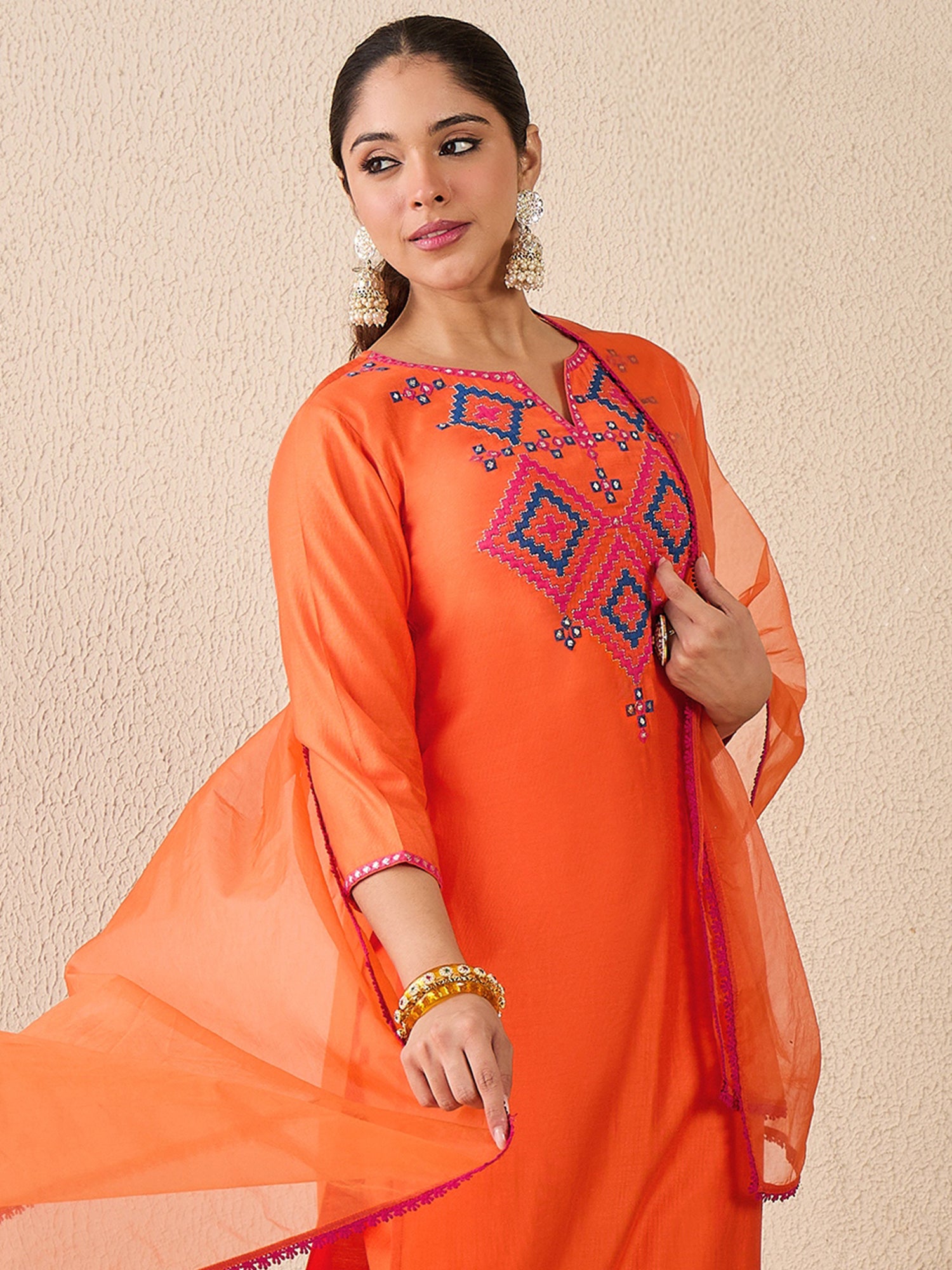 Orange Embroidered Liva Straight Round Neck Kurta Sets With Dupatta