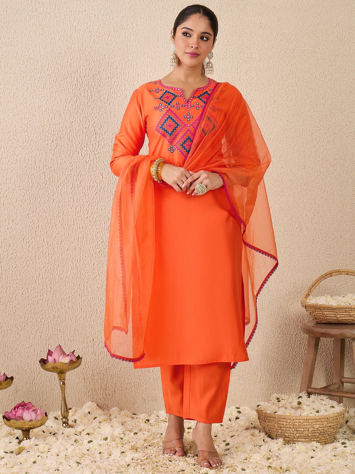 Orange Embroidered Liva Straight Round Neck Kurta Sets With Dupatta