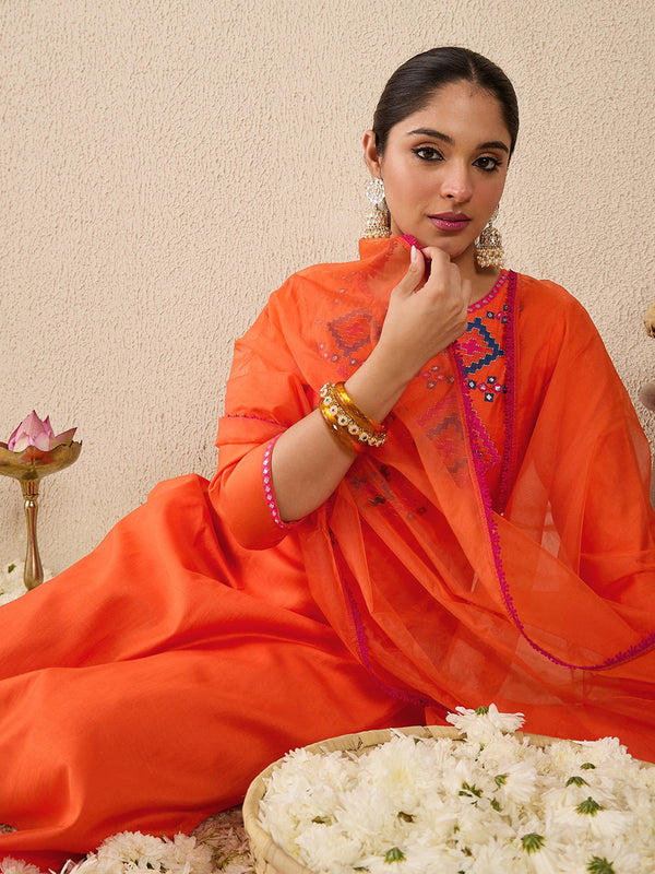 Orange Embroidered Liva Straight Round Neck Kurta Sets With Dupatta