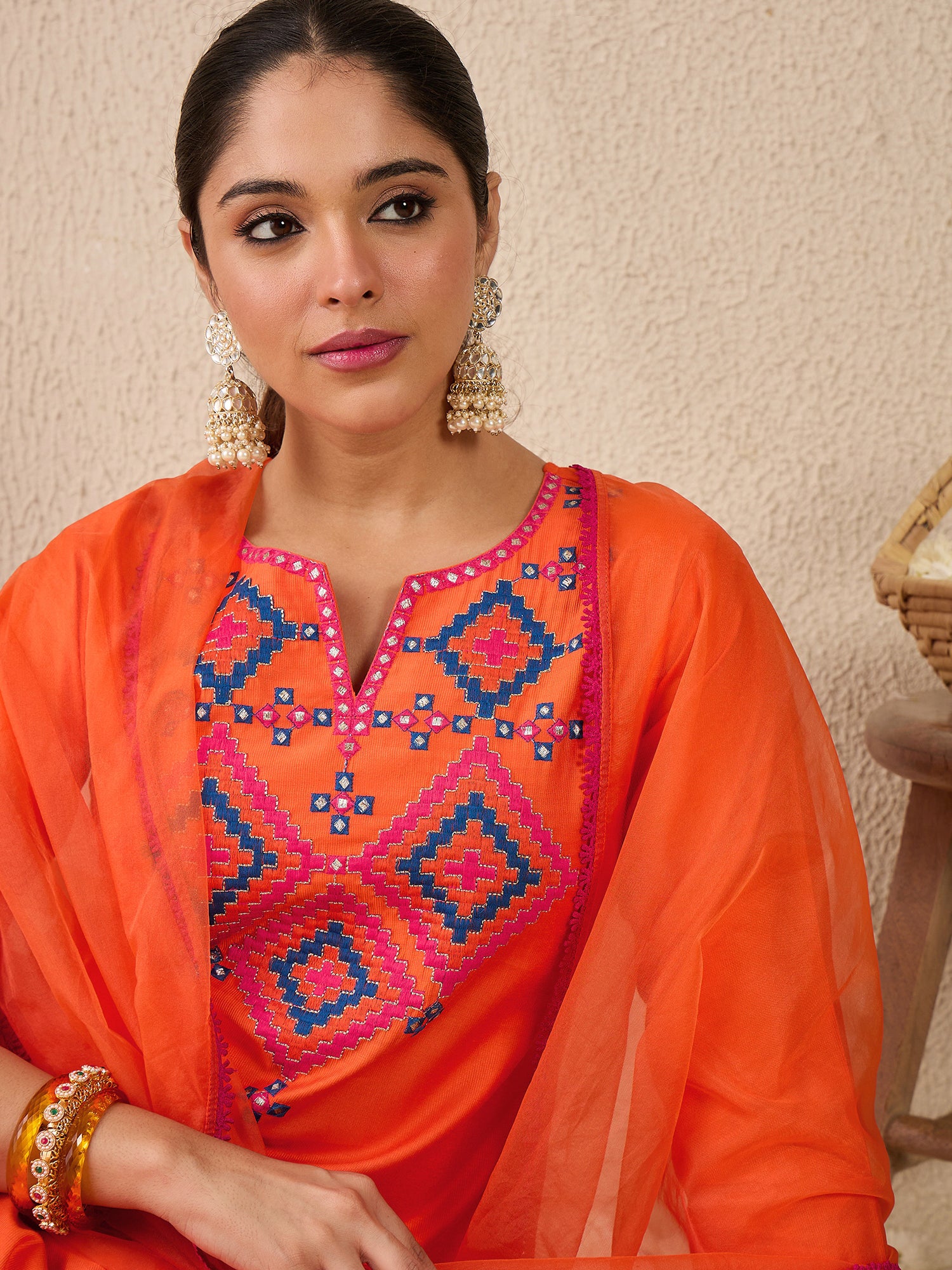 Orange Embroidered Liva Straight Round Neck Kurta Sets With Dupatta