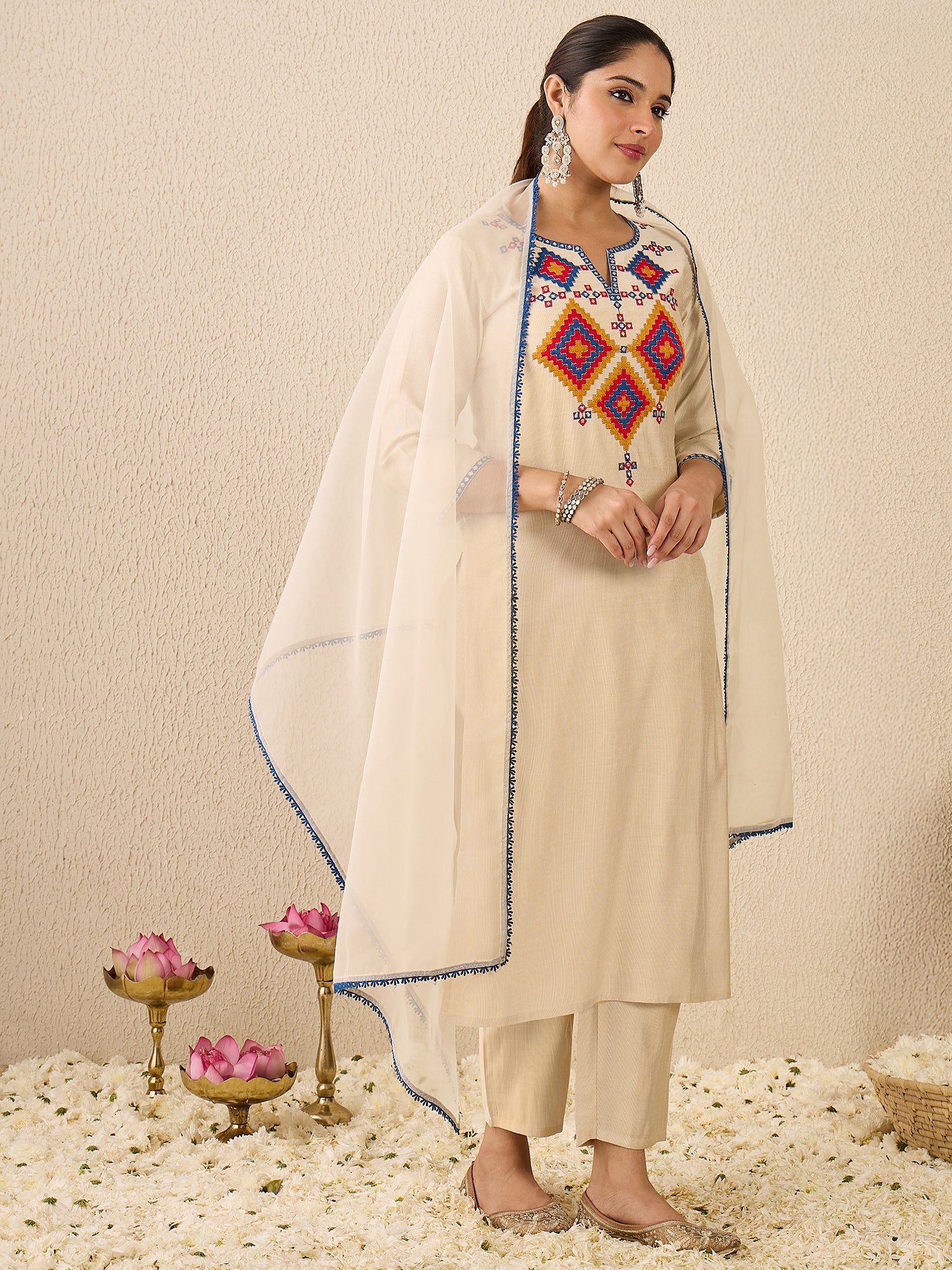 Off White Embroidered Liva Straight Round Neck Kurta Sets With Dupatta