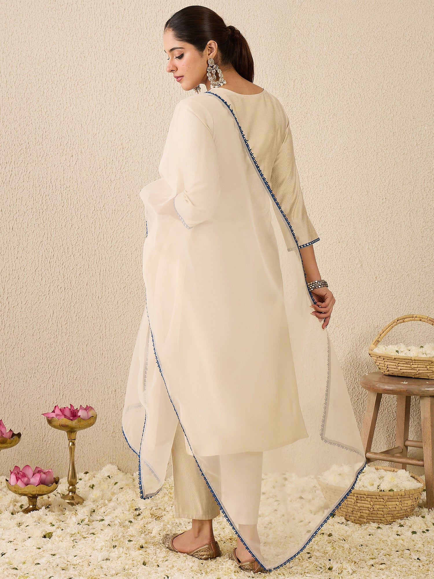 Off White Embroidered Liva Straight Round Neck Kurta Sets With Dupatta