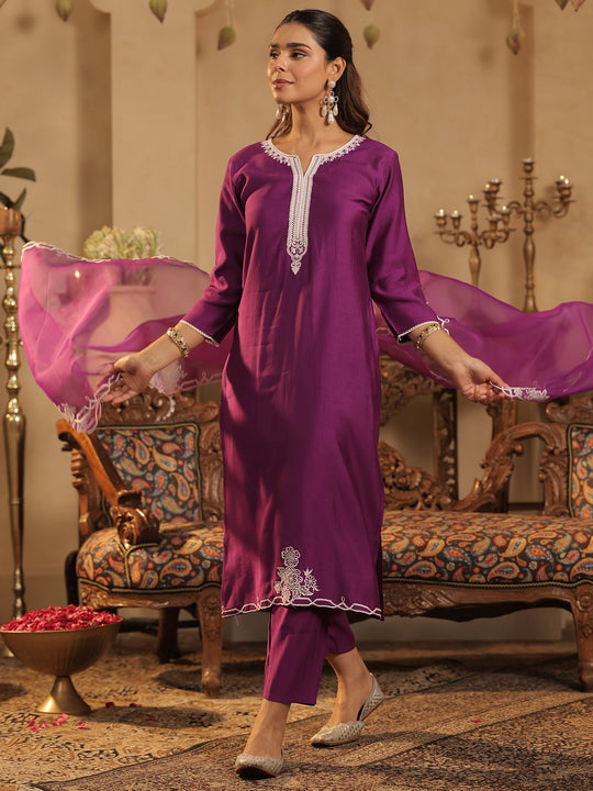 Purple Embroidered Liva Straight Suit Sets With Dupatta