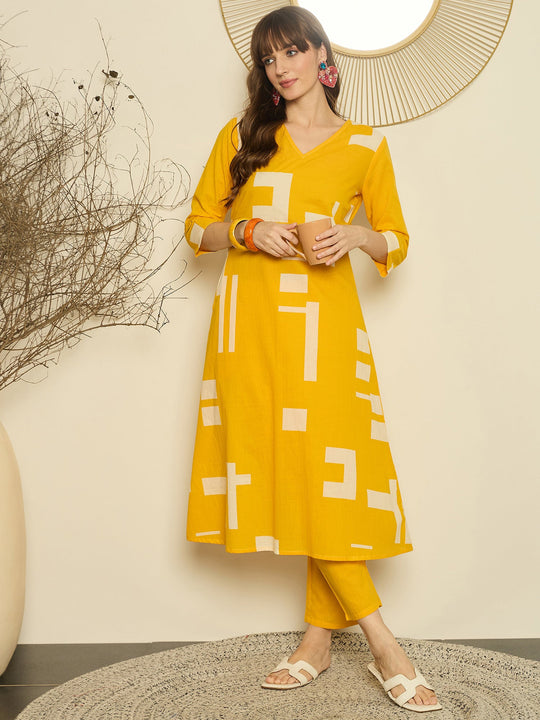 Yellow Printed Pure Cotton A-Line Kurta Trouser Set