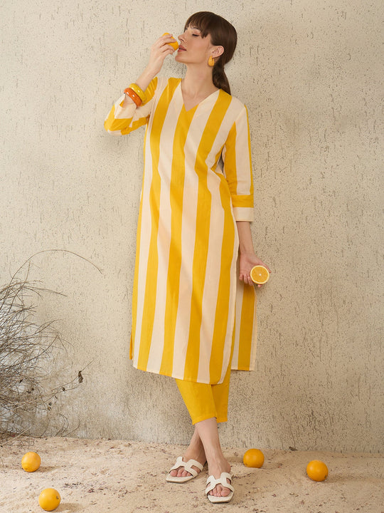 Yellow Printed Pure Cotton Straight Kurta Trouser Set