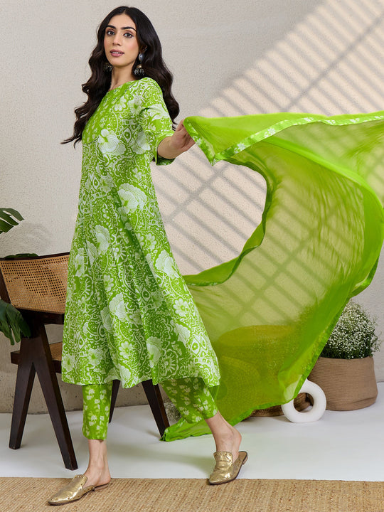 Green Printed Pure Cotton A-Line Suit Sets With Dupatta
