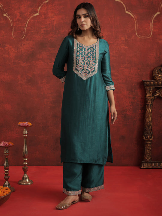 Teal Embroidered Liva Straight Kurta Trouser Set