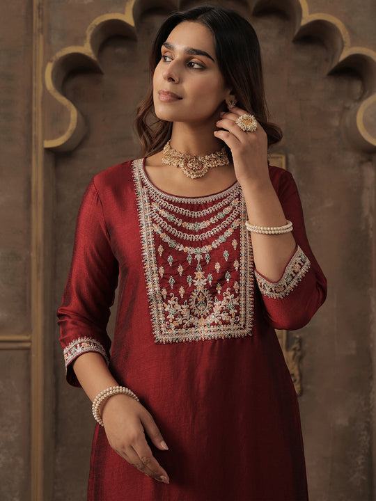 Maroon Embroidered Liva Straight Kurta Trouser Set