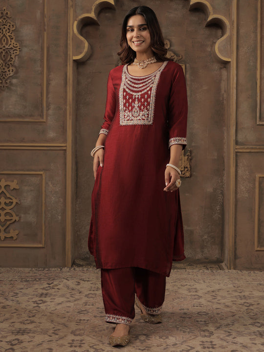Maroon Embroidered Liva Straight Kurta Trouser Set