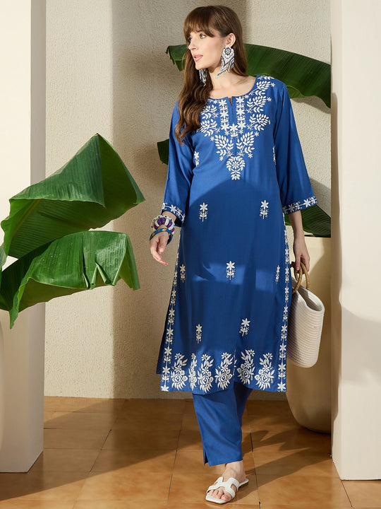 Blue Embroidered Viscose Rayon Straight Kurta Trousers Set