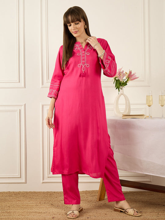 Indo Era Pink Embroidered Straight Kurta Trousers Set