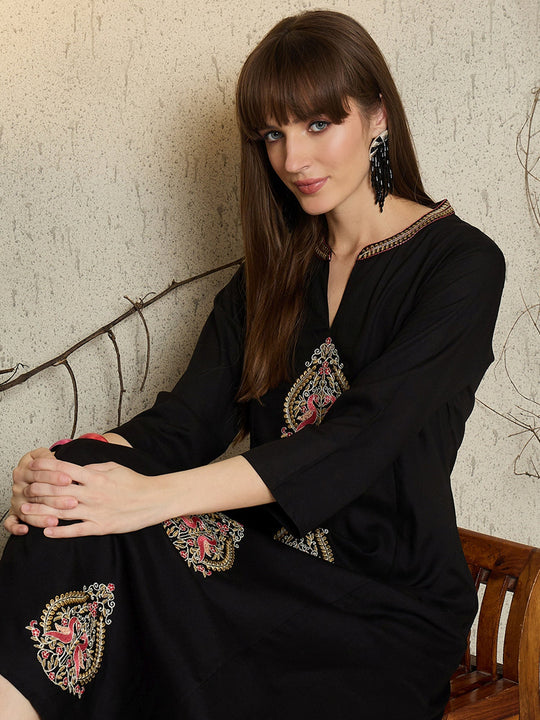 Black Embroidered Viscose Rayon A-Line Kurta Trouser Set