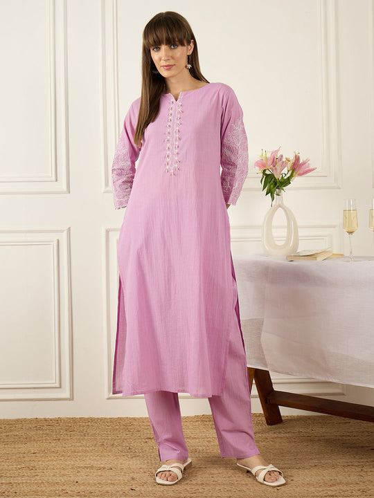Indo Era Lavender Embroidered Straight Kurta Trousers Set