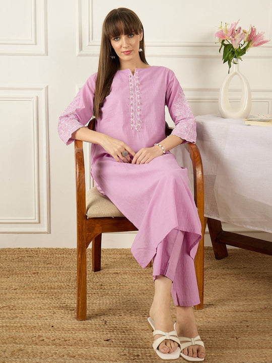 Indo Era Lavender Embroidered Straight Kurta Trousers Set
