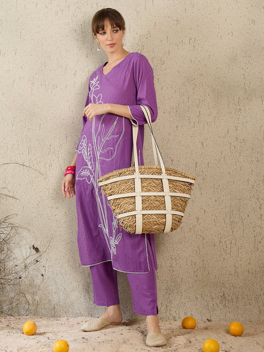 Purple Embroidered Pure Cotton Straight Kurta Trouser Set