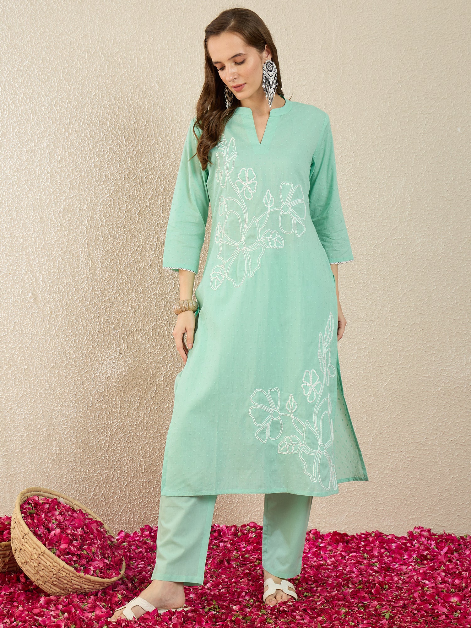 Sea Green Embroidered Pure Cotton Straight Kurta Trousers Set