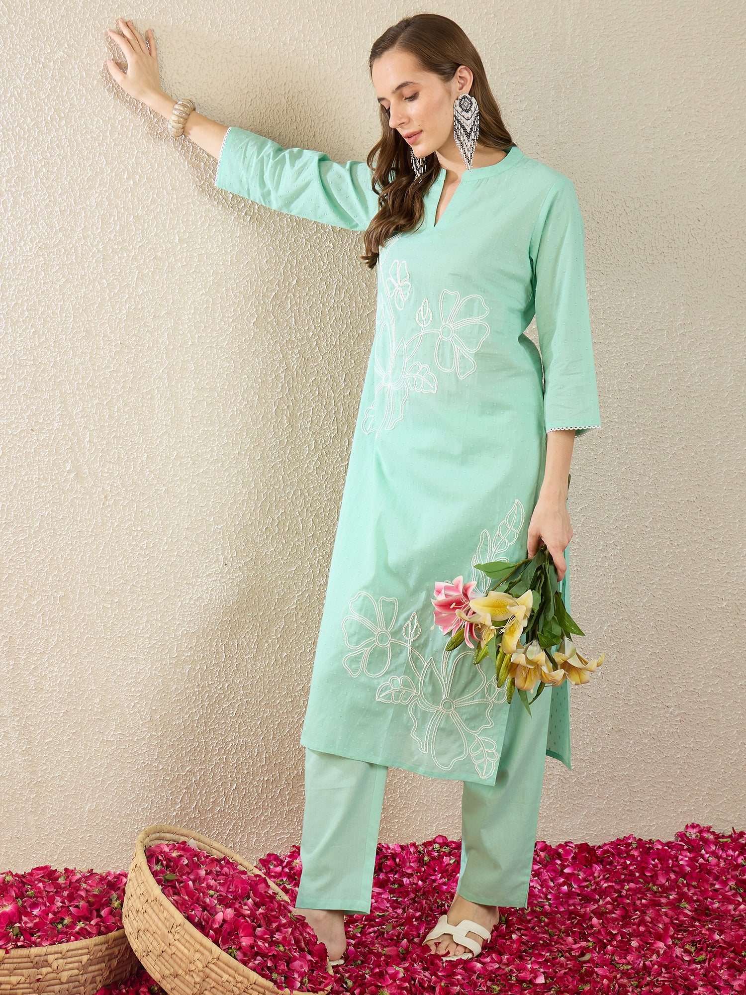 Sea Green Embroidered Pure Cotton Straight Kurta Trousers Set