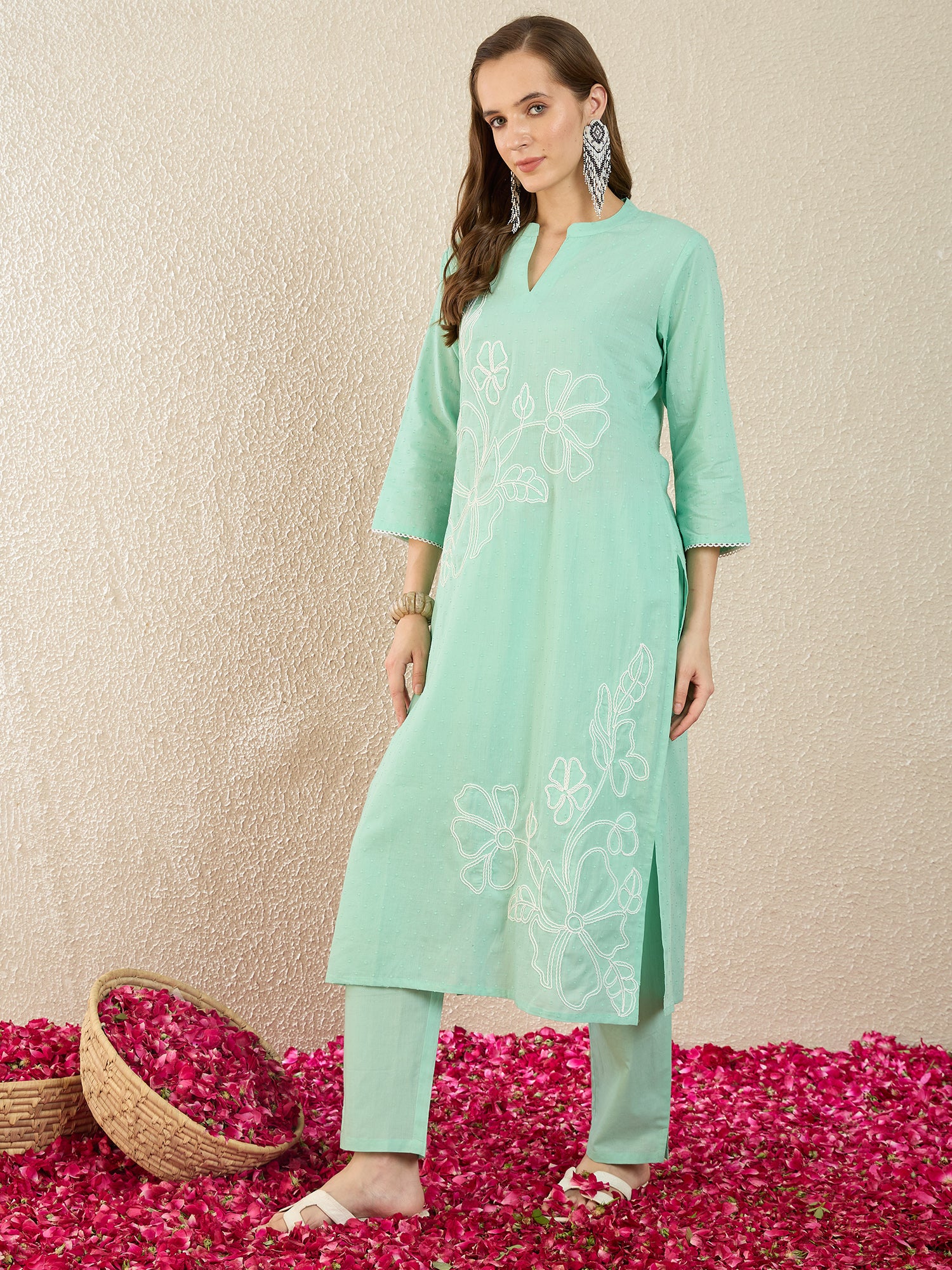 Sea Green Embroidered Pure Cotton Straight Kurta Trousers Set