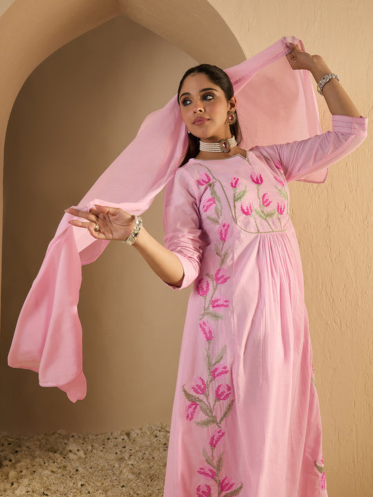 Pink Embroidered Pure Cotton A-Line Kurta Sets With Dupatta