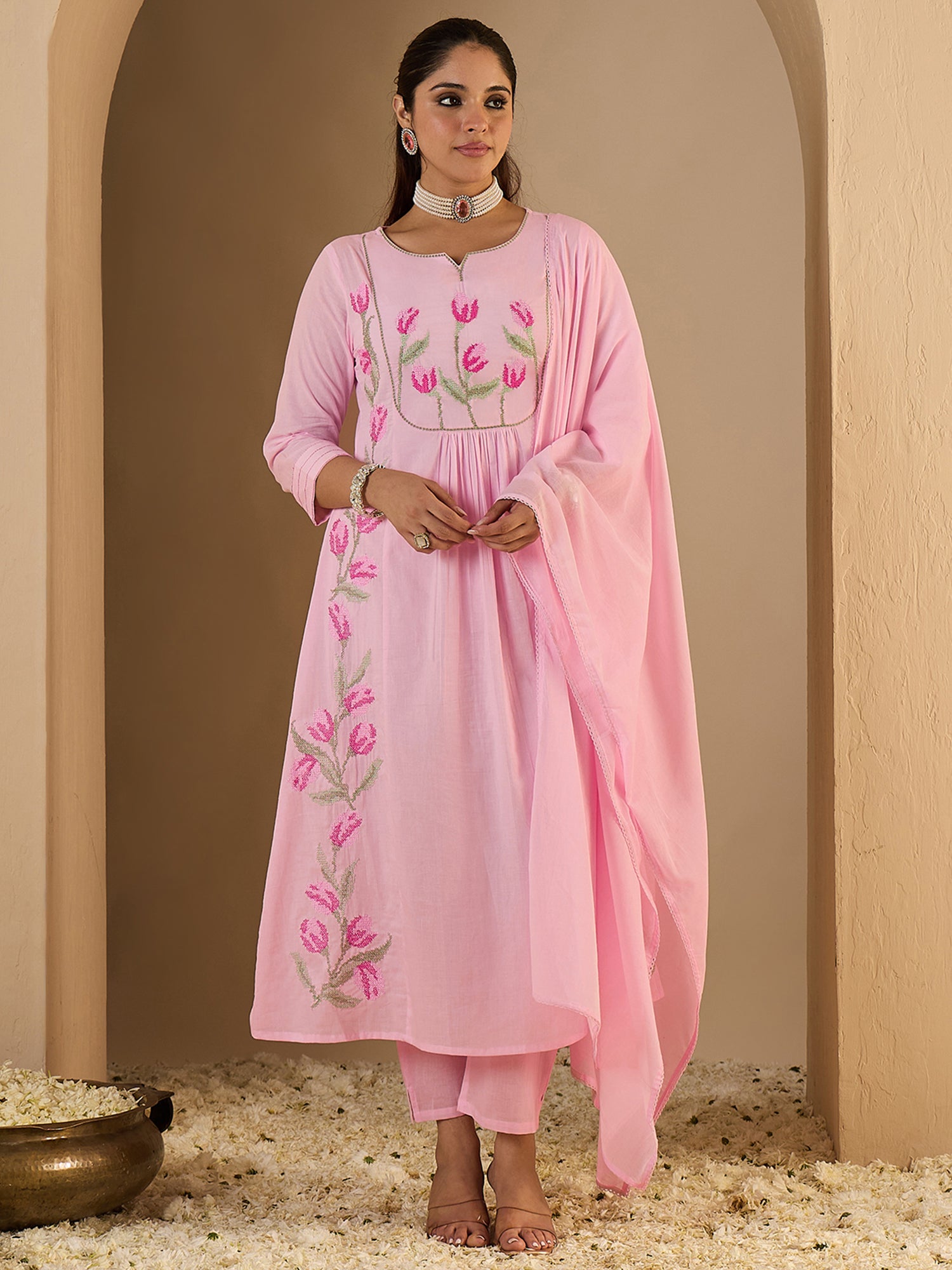 Pink Embroidered Pure Cotton A-Line Kurta Sets With Dupatta