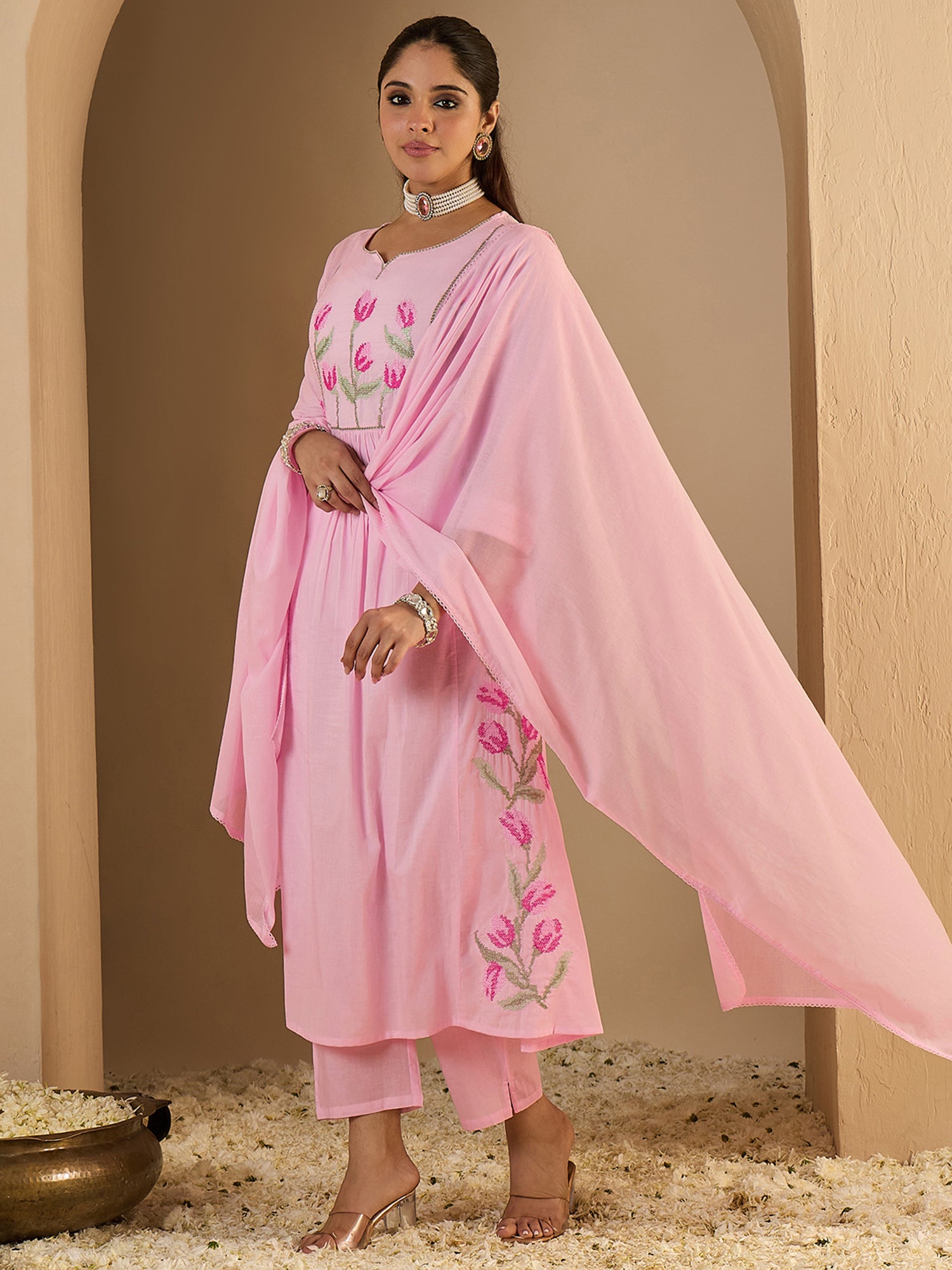 Pink Embroidered Pure Cotton A-Line Kurta Sets With Dupatta