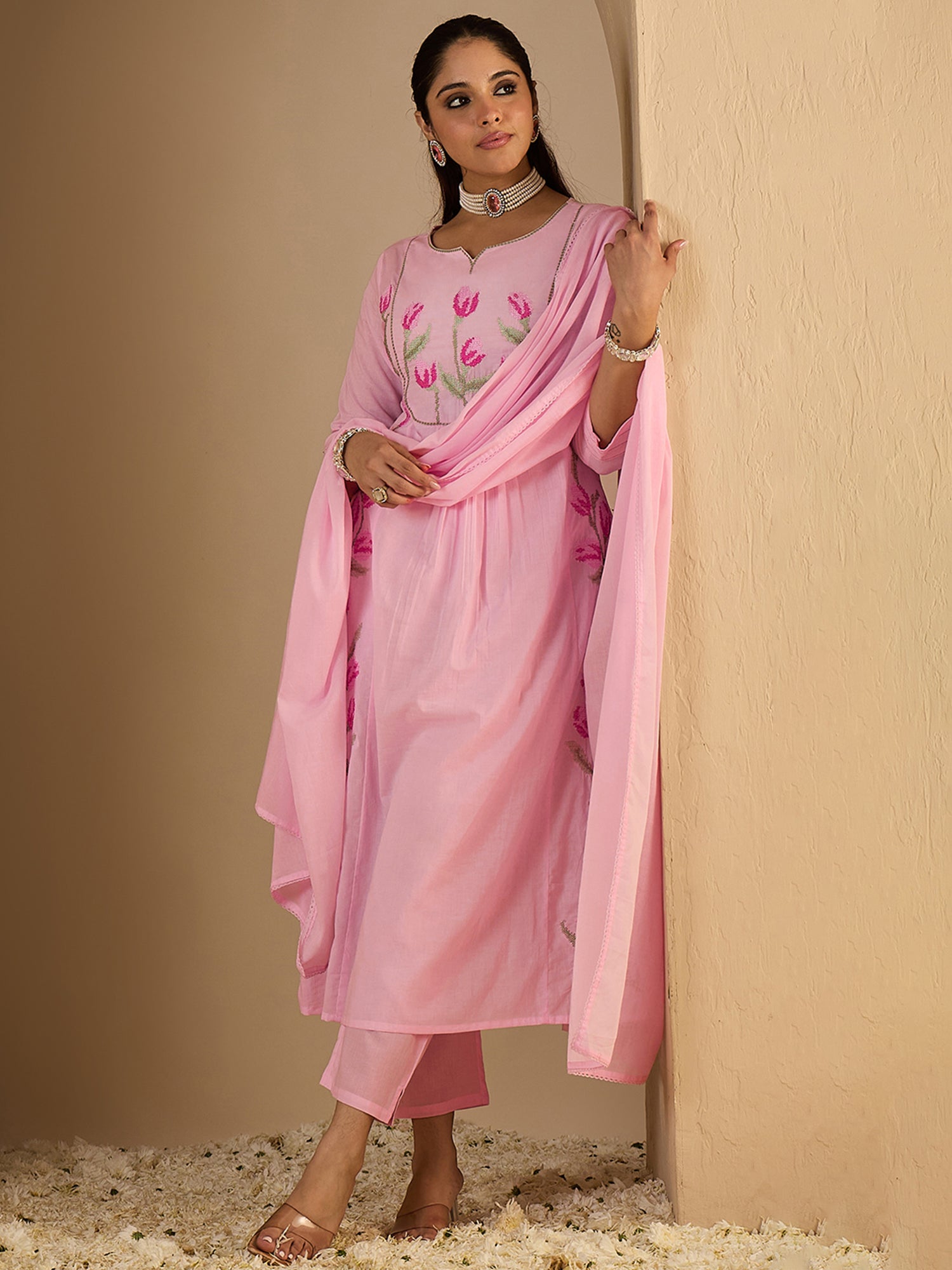 Pink Embroidered Pure Cotton A-Line Kurta Sets With Dupatta
