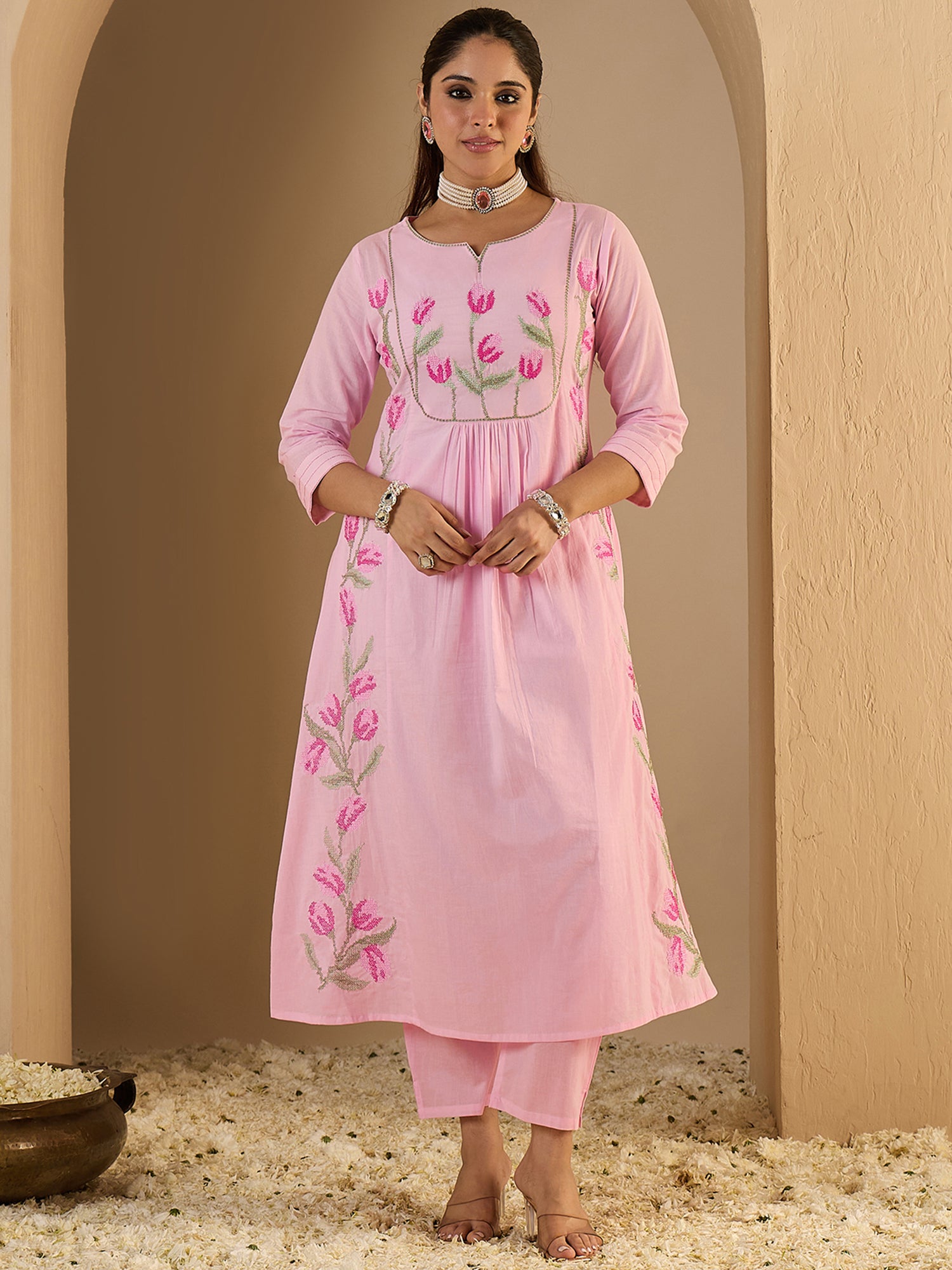 Pink Embroidered Pure Cotton A-Line Kurta Sets With Dupatta