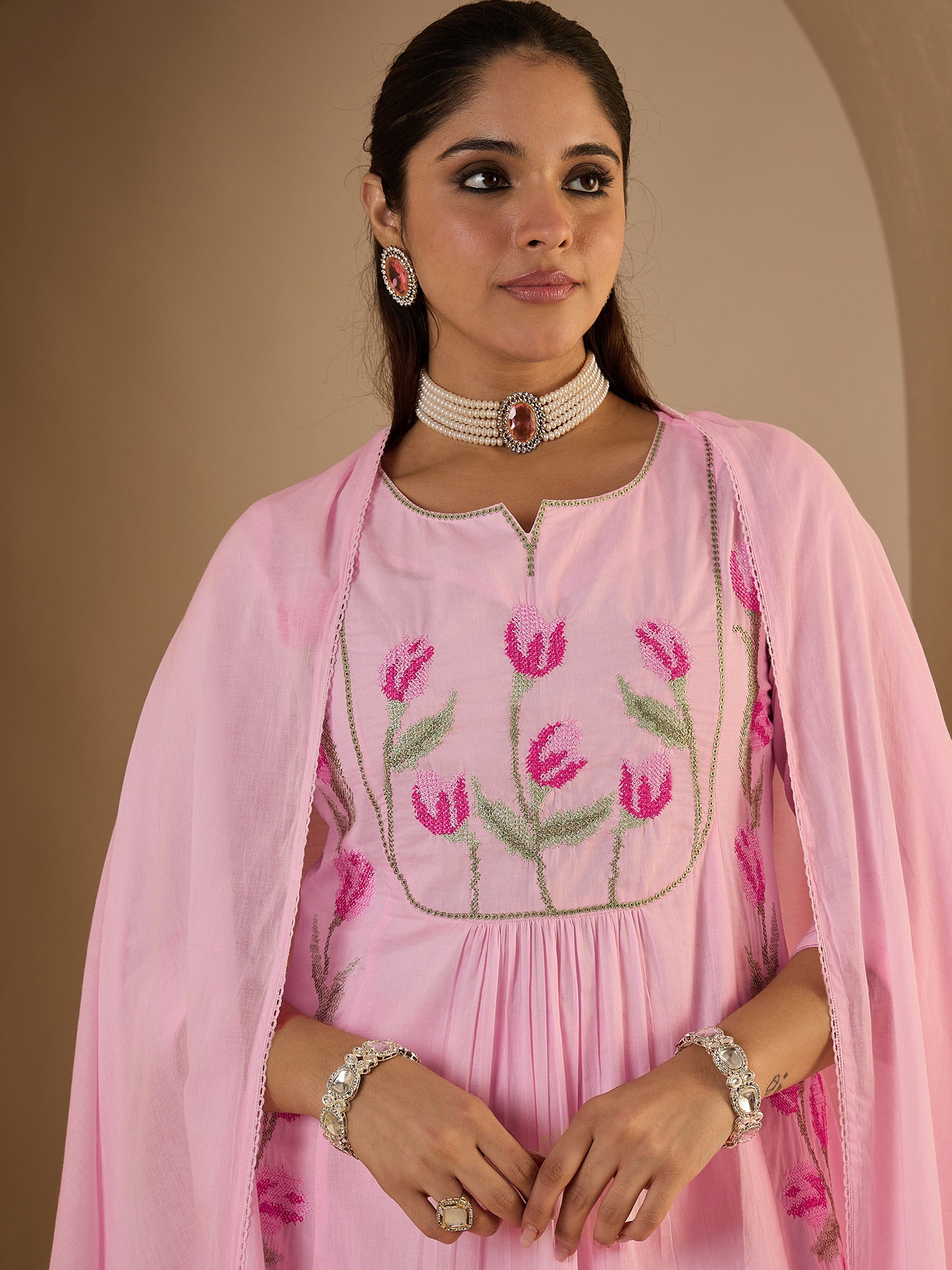 Pink Embroidered Pure Cotton A-Line Kurta Sets With Dupatta