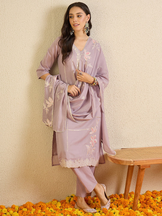Lavender Embroidered Pure Cotton Straight Suit Sets With Dupatta