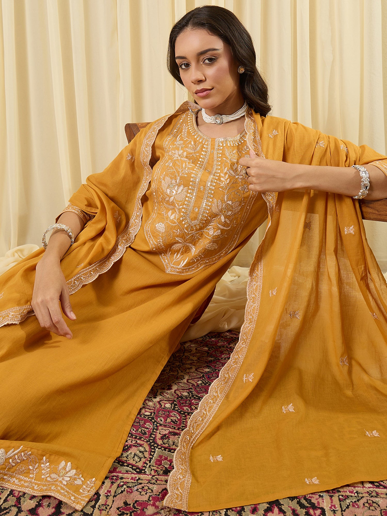 Indo Era Mustard Embroidered Straight Kurta Trousers With Dupatta set