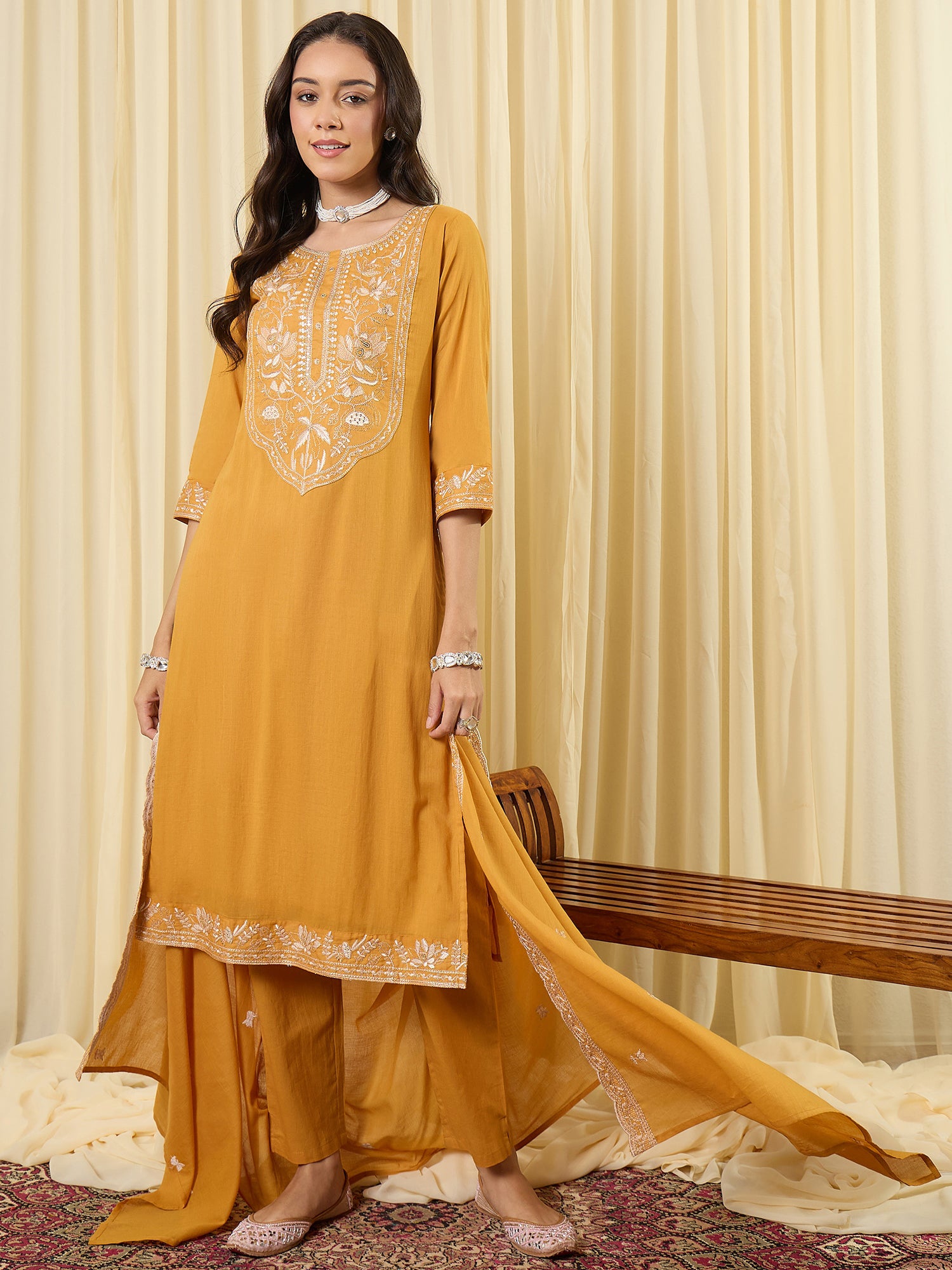Indo Era Mustard Embroidered Straight Kurta Trousers With Dupatta set
