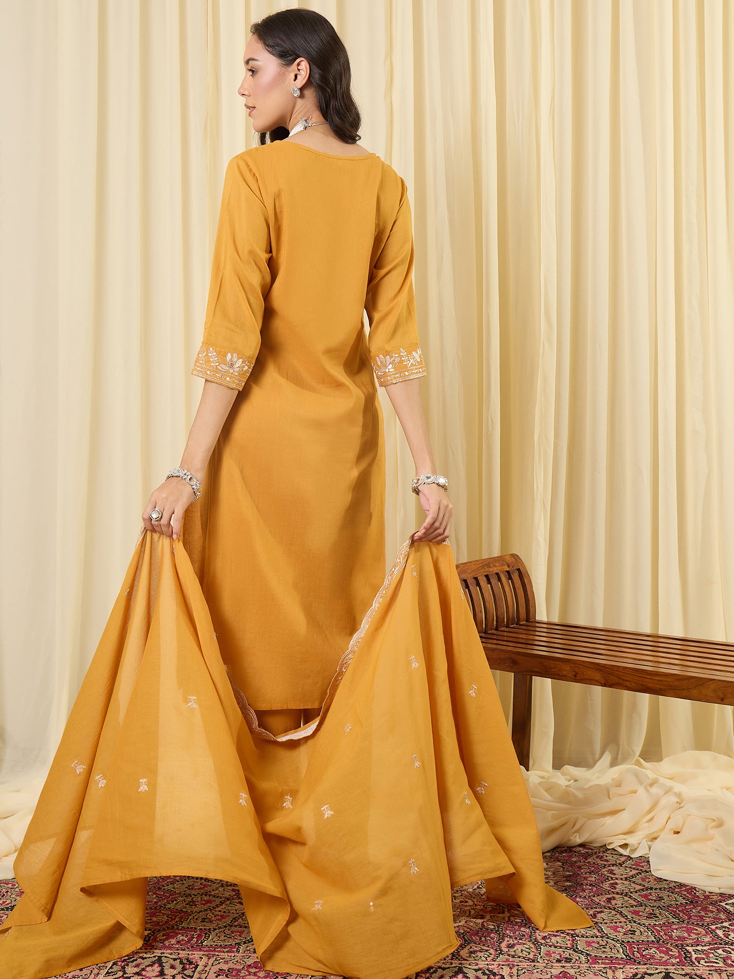 Indo Era Mustard Embroidered Straight Kurta Trousers With Dupatta set