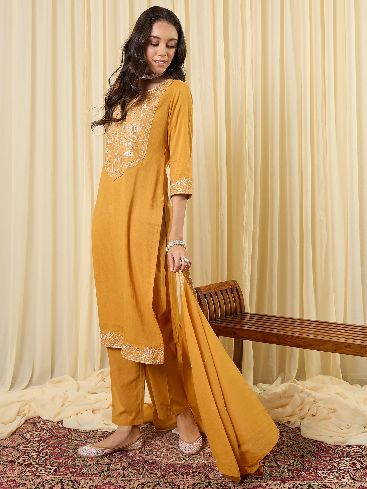 Indo Era Mustard Embroidered Straight Kurta Trousers With Dupatta set