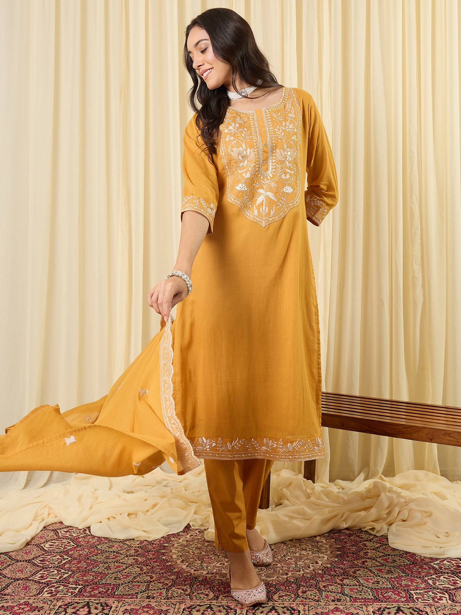 Indo Era Mustard Embroidered Straight Kurta Trousers With Dupatta set