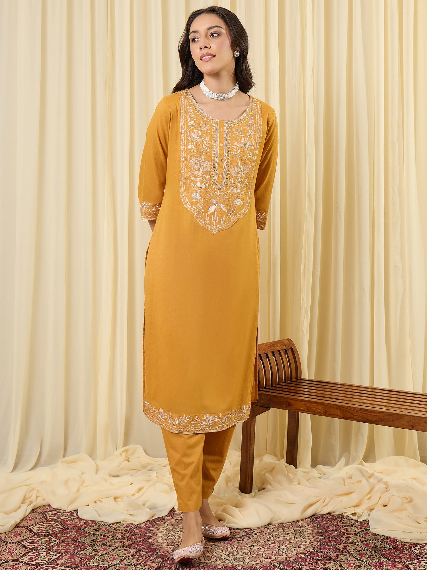 Indo Era Mustard Embroidered Straight Kurta Trousers With Dupatta set