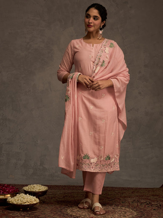 Pink Embroidered Pure Cotton Straight Suit Sets With Dupatta