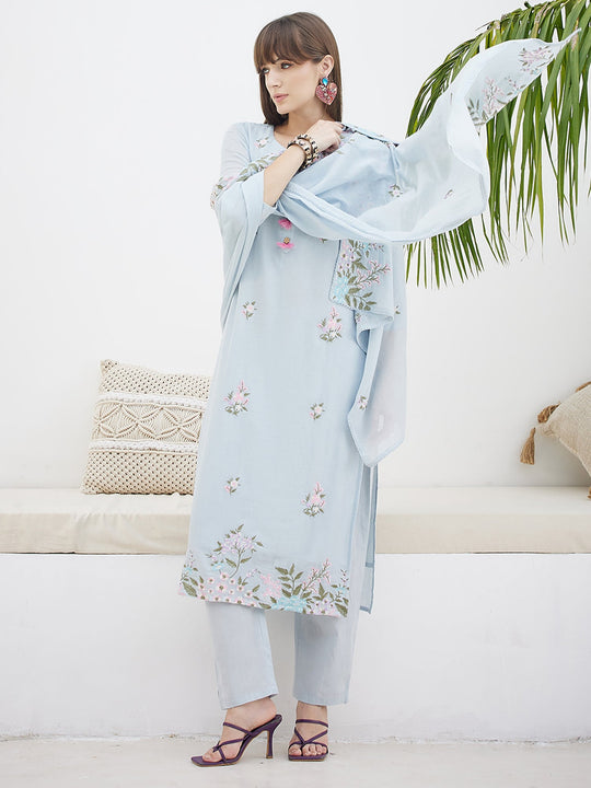 Blue Embroidered Pure Cotton Straight Suit Sets With Dupatta