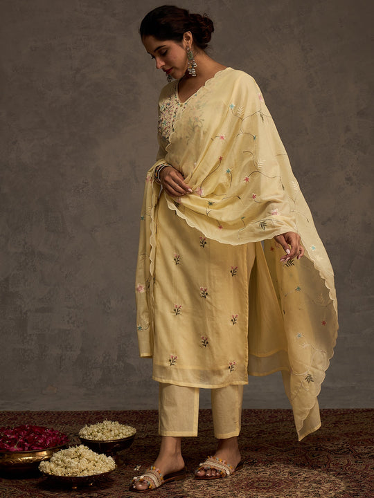 Yellow Embroidered Pure Cotton Straight Suit Sets With Dupatta