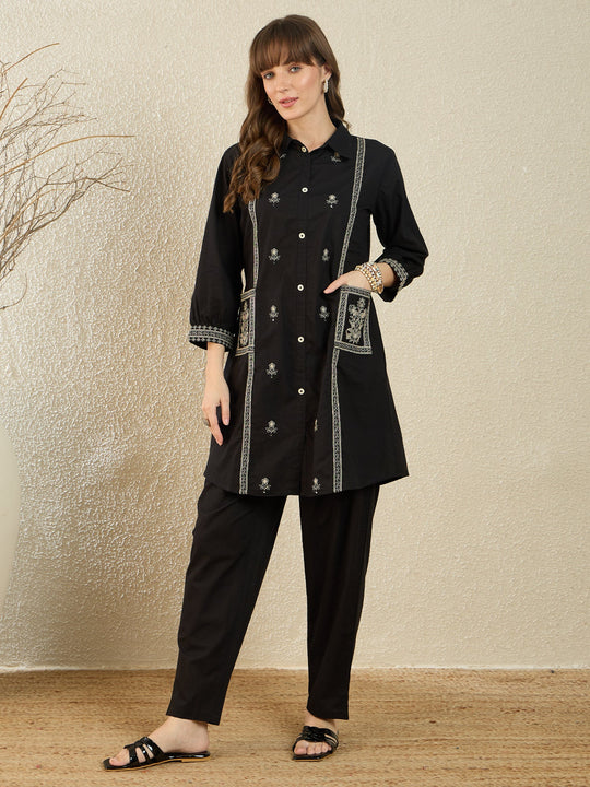 Indo Era Black Embroidered A-Line Kurta Trousers Set