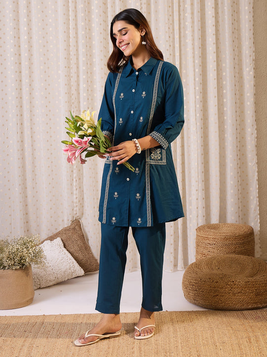 Teal Embroidered Pure Cotton A-Line Kurta Trousers Set