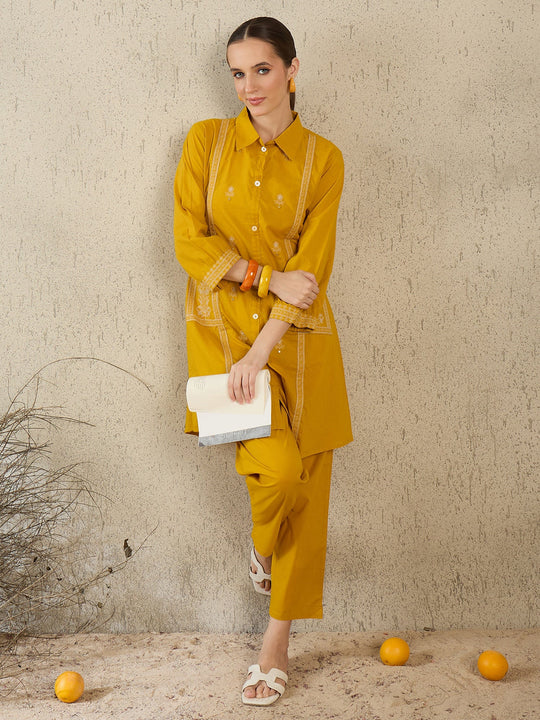 Yellow Embroidered Pure Cotton A-Line Kurta Trouser Set