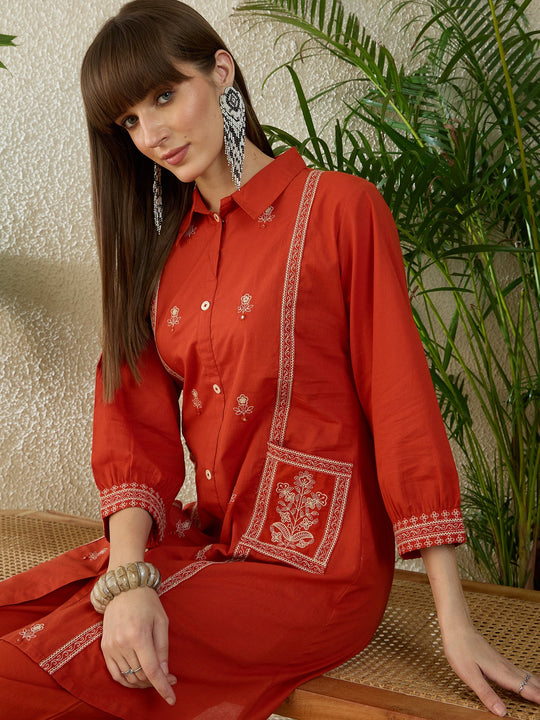 Indo Era Orange Embroidered A-Line Kurta Trousers Set