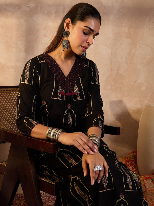 Black Printed Pure Cotton A-Line Kurta Trousers Set