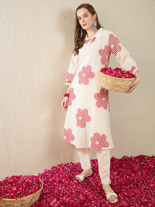 Indo Era White Printed A-Line Kurta Trousers NA Set