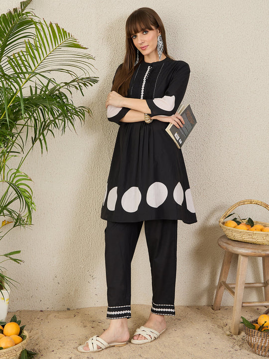 Black Printed Pure Cotton A-Line Kurta Trousers Set