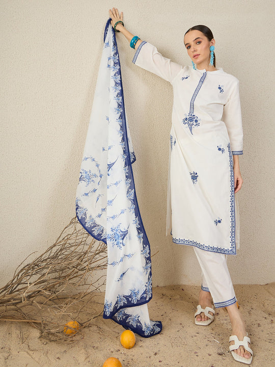 White Embroidered Pure Cotton Straight Suit Sets With Dupatta