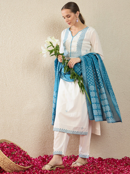 Indo Era White Embroidered Straight Kurta Trousers With Dupatta Set