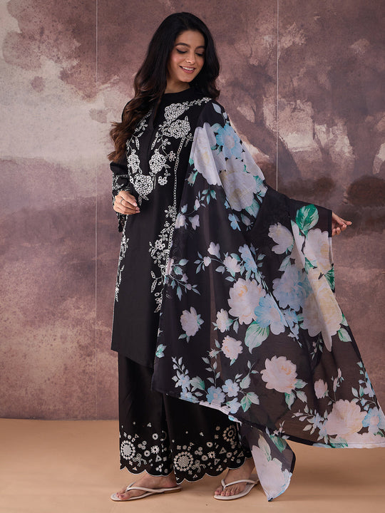 Indo Era Black Embroidered Straight Kurta Palazzos With Dupatta Set
