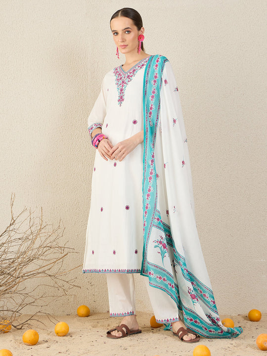 White Embroidered Pure Cotton Straight Suit Sets With Dupatta